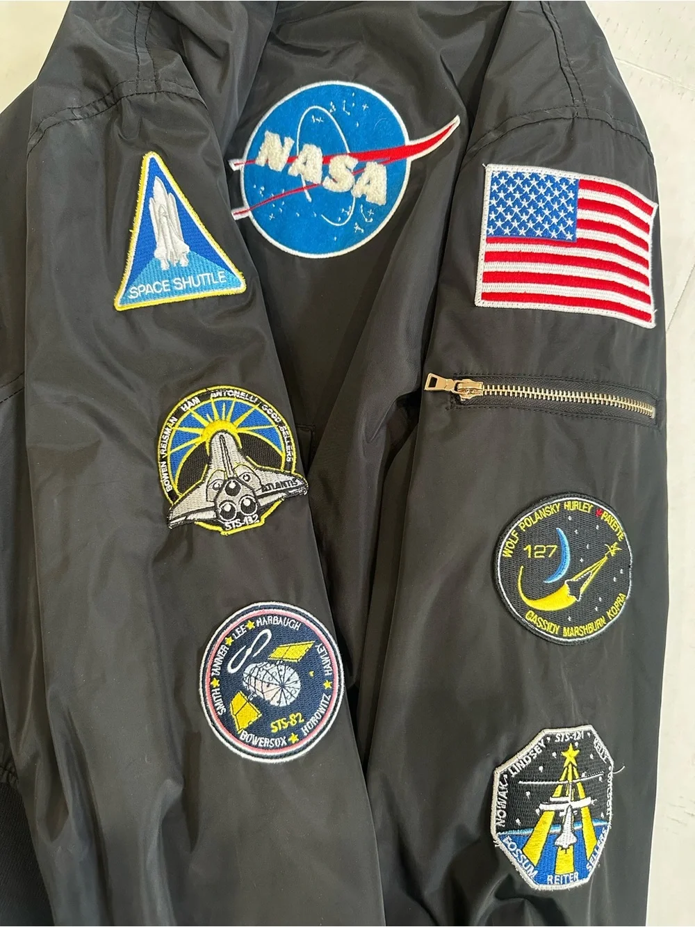 Forever 21 Black Bomber Jacket with NASA & Flag Patches